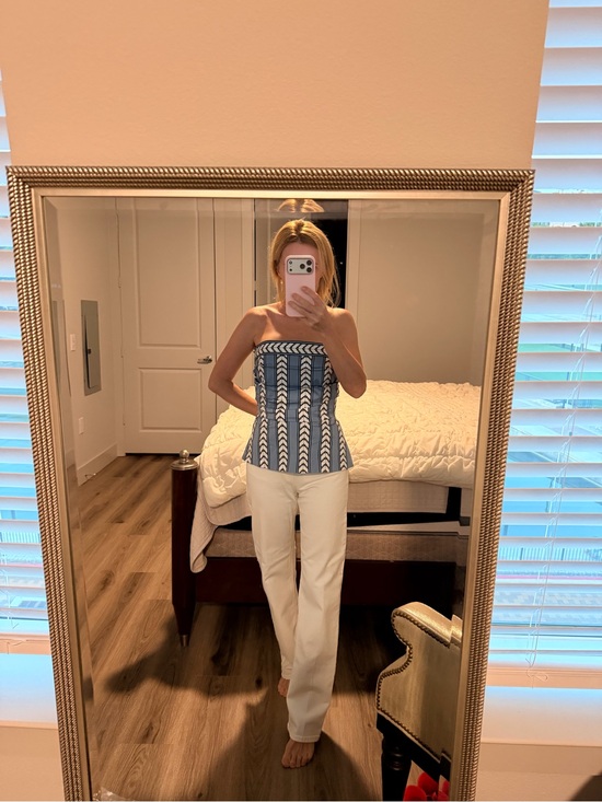 White House Black Market Tops - Women's Blue Striped High-Waist Corset with Contrast Belt